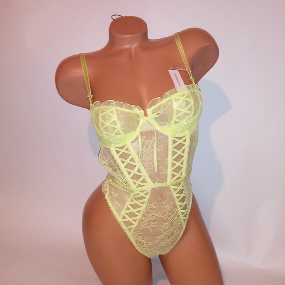 Victoria Secret Lingerie Teddy One Piece Bodysuit Yellow Wicked Lace Fairy Cotta - Picture 4 of 16